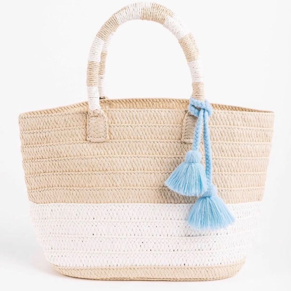 Altru straw tote bag w/ blue tassels